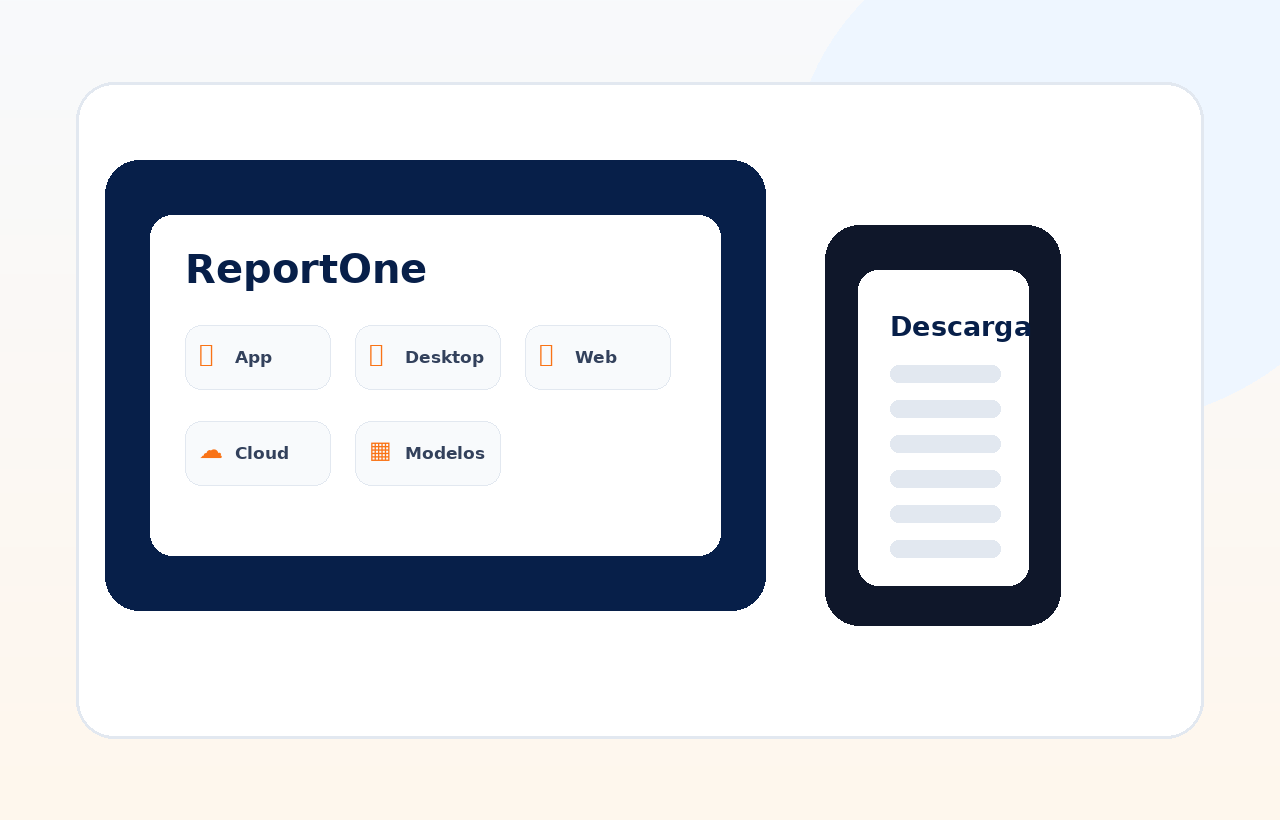 Mockup de descarga ReportOne para app móvil escritorio y web