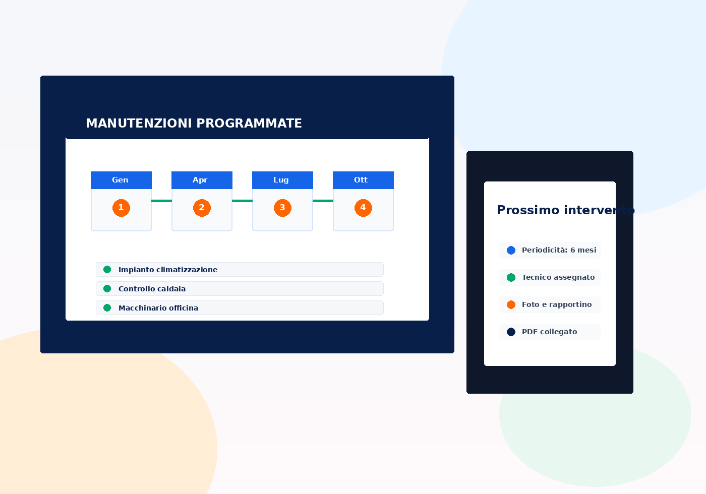 Mockup ReportOne con calendario manutenzioni future, periodicità, impianti e interventi programmati